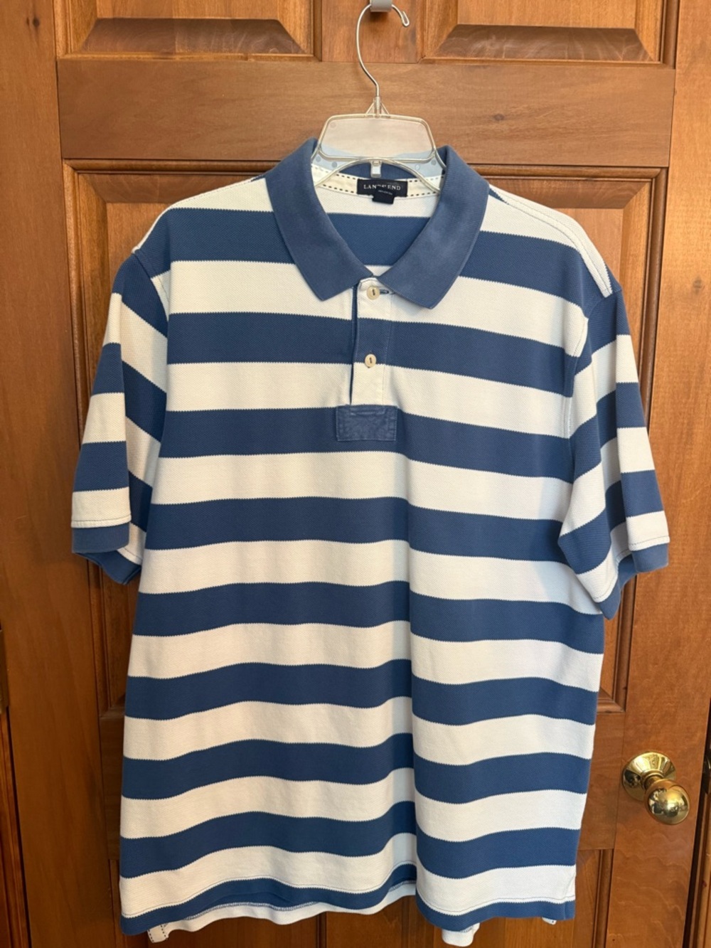 Lands' End Men's Wide-Striped Polo in Blue and White